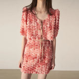 Patchwork Floral Two Piece Set Womens Round Neck Puff Sleeve Tops High Waist Mini Skirts Summer Sets Female