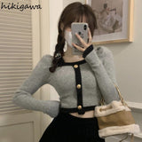 Cropped Pullovers Women Y2k Tops Square Collar Puff Sleeve Tunic Sueter Mujer Pull Femme Fashion Knitted Sweater