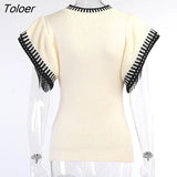 Ruffles Short Sleeve Knitted Sweater Vest Women Fashion O Neck Patchwork Slim Pullovers Femme Casual Solid Slim