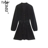 Women Black Short Frocks Baggy V-neck Long Sleeve Pleated Female Midi Velvet Dress A-line 2023