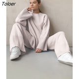 Casual Elegant Pant Sets O Neck Loose Sweater Outfit Autumn Winter 2 Piece Sets High Waist Wide Leg Pants Suits Women