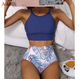 Leaf Print High Waist Bikini Set Swimsuit Women High Neck Tankini Two Pieces Swimwear 2022 Sexy Female Sports Bathing