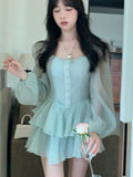 TWOTWINSTYLE Patchwork Mesh Dress For Womens Square Collar Long Sleeve High Waist Solid Mini Dresses Female Summer Clothing