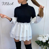 2020 Turtleneck Long Puff Sleeve Dress Mini A Line Ruffles Women Casual Patchwork Club Black Autumn Winter Party