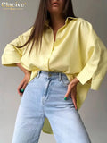 Fashion Yellow Linen Shirts Button Lapel Top Lady Loose Long Sleeve Oversized Shirt Womens Blouses Autumn Blusas