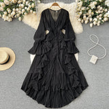 Bohemian Beach Long Dress Summer Women 2022 Ruched Long Sleeves V Neck Elegant Elastic Waist A Line Beach