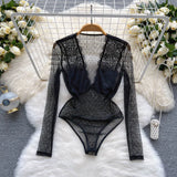 Women Lace Sexy Bodysuits Perspective Dot Bodycon Jumpsuits Long Sleeve Inside Wear Fashion Thin Mesh