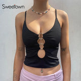 Metal Ring Hollow Out Black Vest Tops Sexy Rave Club Outfits Sleeveless Corsets Cropped Tee Female Summer Tanks