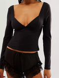 Sexy Deep V-neck Slim Fit Solid T-shirts Tops for Women Long Sleeve Spring Fall Side Split Backless Tees Shirts 2023-Outfit