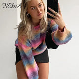 2021 Tie Dye Knitted Pullover Women O Neck Autumn Winter Green Y2K Casual Long Sleeve Oversized Sweater Jumper