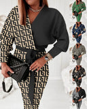 Independent Station Autumn Printed V-Collar Stylish Long-Sleeved Dress-Outfit