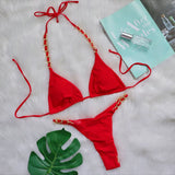 Toloer New Sexy Thong Bikini Metal Chain Rope Swimsuit Split Band Solid Color Women's