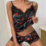 Pajamas Set Home Suit Top And Shorts Sexy V-Neck Sleeveless Satin Lace Sleepwear Pijama Home Clothes For Women