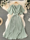 Women's Dress Temperament French Pleated Slim Long Vacation Style Chiffon Pleated Skirt Solid Color V-neck Women's