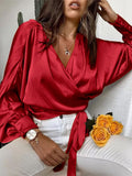 Celmia Women Satin Blouses Elegant Long Bat Sleeve Cross V Neck Bandage Waisted Tops Autumn Fashion Haut Style Wrap