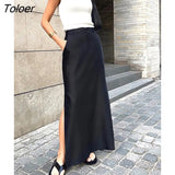 Black Skirt Women Autumn Streetwear High Waisted Pencil Long Skirts Dress Femme Casual Split Vintage Silk Skirt
