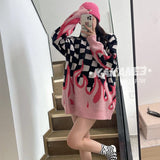Korean Oversize Fire Knitted Sweaters Autumn Winter New High Street Plaid Pullovers Japanese Harajuku Sueter