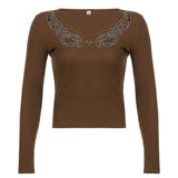 Diamonds Crop Top Black Long Sleeve Knitted T Shirt V Neck Basic Harajuku Pullovers Women Autumn Winter Tee Korean