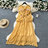 High-End Neckline Bow Tie Lantern Sleeve Lace Lace To Receive Waist Wave Dot Skirt Chiffon