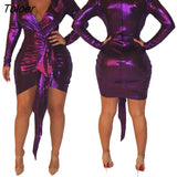 Sexy Bodycon Dress for Women V-neck Glitter Metallic Long Sleeve Solid Color Skinny Nightclub Party Clothes Ladies