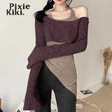 Fashion Y2k Tops Irregular Halter Off Shoulder Long Sleeve Top Grey 2 Piece Set Womens T Shirts Street Clothes