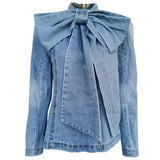 Patchwork Bow Denim Women's Jacket Stand Collar Long Sleeve Vintage Ruched Jackets For Female 2022 Fashion