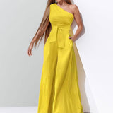 Women's Dress 2025 New Solid Color Collared Shoulder Tie With High-Waisted Broad-Legged Jumpsuit