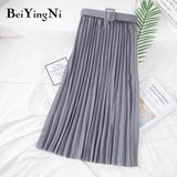 Korean Style Pleated Midi Skirt Women Casual New Fashion High Elastic Waist Skirts Black Pink Elegant Skirt Belt