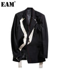 Women Black Contrast Color Burr Split Blazer New Lapel Long Sleeve Loose Fit Jacket Fashion Spring Autumn 2023