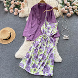 Autumn Women Floral Dress Suits Print Strap Dress+ Long Sleeves Loose Blazer Sets Office Lady Jackets Two Pieces