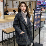 Women Plaid Wool Blends Coat Winter Autumn Fashion Elegant Tweed Woolen Outerwear