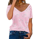 Women Heart Striped Printed Zipper T Shirt Short Sleeve Casual Tops Loose Summer Fashion Sexy Clothing Top De