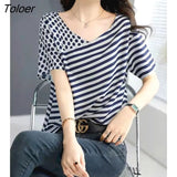 Interesting T Shirt Women Color Striped Polka Dot Stitching Structure T-shirt V-neck Chiffon Print Short-sleeved