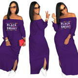 Sexy Slash Neck Ladies Solid Color Letter Printing Long Dress Home Casual Street Loose Large Size