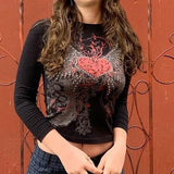 Vintage Fairy Grunge Crop Top Flare Sleeve Autumn Spring Female T-shirt Y2K Graphic Print Kawaii Tee Shirt Women