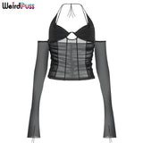 Puss Sexy Mesh Women Long Sleeve T-Shirt Backless Y2K Top Halter Off Shoulder Chic Patchwork Fashion Club Party