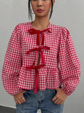 Women's Plaid Loose Bow Long-Sleeved