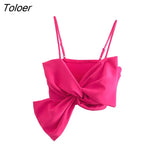 Women High Street Big Bow Design Patchwork Knitting Short Sling Blouse Female Summer Slim Shirt Chic Crop Tops