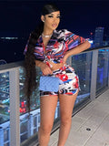 Summer Streetwear 2 Two Piece Set Beach Rave Outfits For Women Crop Top Baggy Shorts Bathing Suits Print Matching