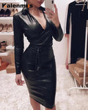 Women's PU Dress Sexy Buttocks Fashion Drape Francais High Quality Retro Dress Office Wear Ladies Leather Vestidos 2023-Outfit