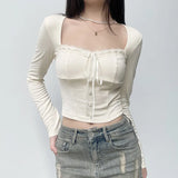 And Spicy Girl Neckline Lace-Up Long-Sleeved Blouse Women 2023 Pure Style Stylish Design Short Shoulder-Bottomed T-Shirt-Outfit