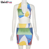 Puss Contrast Low-Neck Women Wild Matching Set Halter Bandage Crop Top And Skirts Summer Sexy Backless Streetwear