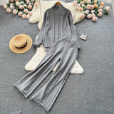 Women Casual Turtleneck Knit Two Pieces Suits Irregular Sweater+Rolled Wide Leg Midi Long Pant Solid Winter Warm