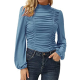 New T Shirt Women Clothing Solid Stand Neck Long Sleeve Plus Size Fashion Ruched Chic Tops Ladies Casual Slim Tee