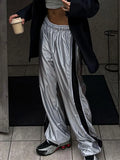 Y2k Silver Sweatpants Women Korean Streetwear Loose Vintage Side Stripe Elastic Waist Track Pants Summer Casual