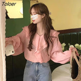 Pink Blouses Women Flare Sleeve V-neck Ruffles Gentle Temperament French Shirts Female OL Sweet Chiffon Top Versatile