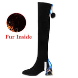 Over The Knee Boots For Women Rhinestone Square Block Heels Thigh High Boots Female Winter Fleece Shoes Black Botas