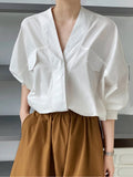 Women White Big Size Shaped Blouse New V-collar Long Sleeve Loose Fit Shirt Fashion Tide Spring Autumn 2023