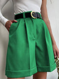 New Summer Women's High-waisted Cuffed Solid Color Wide-leg Pants Fashion Overalls Women's Shorts Casual Five-point