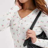Women Floral Print Short Romper Spring Autumn Clothes V Neck Button-Down Long Sleeve Tight Jumpsuit Female Clothing-Outfit